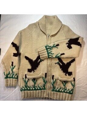 Vintage 50’s Hand Knitted Cowichan Style Mallard Duck Hunting Wool Zip Cardigan